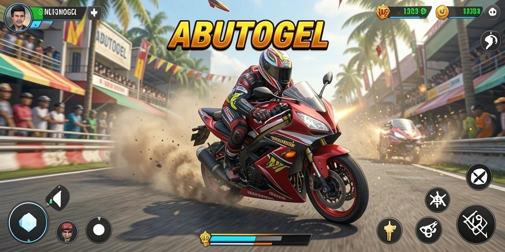 Tampilan gameplay seru dari ABUTOGEL yang menampilkan balapan motor cepat.