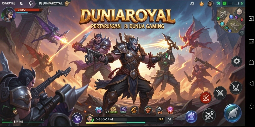 Screenshot DUNIAROYAL menunjukkan pertarungan yang seru antara karakter yang kuat.