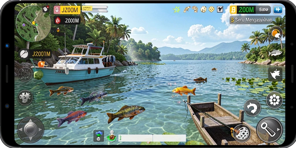 Gambaran gameplay J200M yang menampilkan suasana memancing yang menakjubkan.