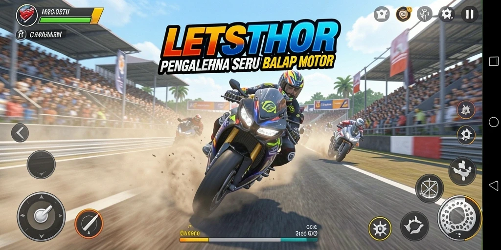 Tampilan gameplay LETSTHOR yang mendebarkan dalam balapan motor.