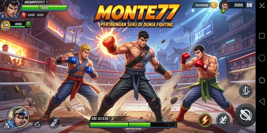 Tampilan gameplay MONTE77 menunjukkan aksi pertarungan yang dinamis dan seru.