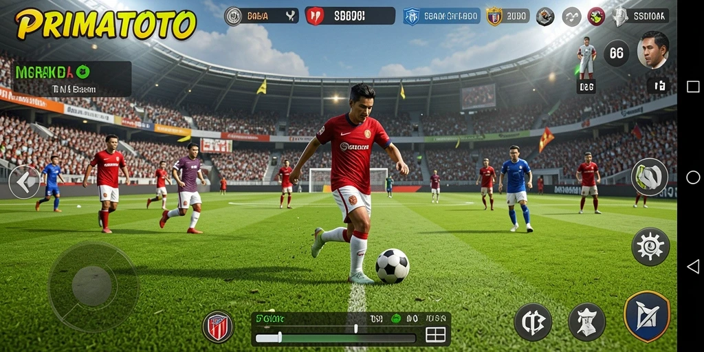 Tampilan gameplay mendebarkan dalam PRIMATOTO yang menggambarkan aksi sepak bola.