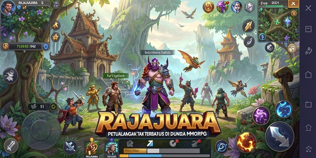 Screenshot utama RAJAJUARA menampilkan aksi pertempuran seru di dunia MMORPG.