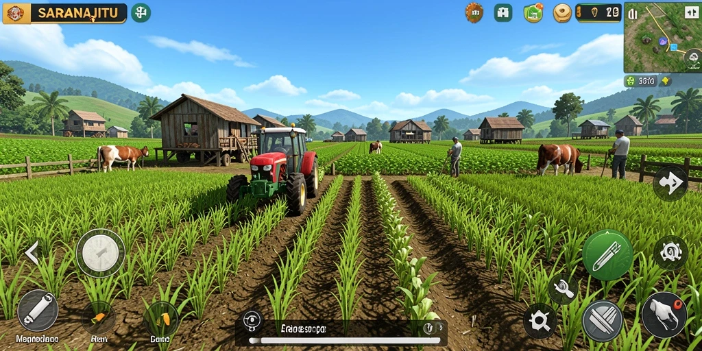 Screenshot gameplay SARANAJITU yang menunjukkan aktivitas bertani yang seru.
