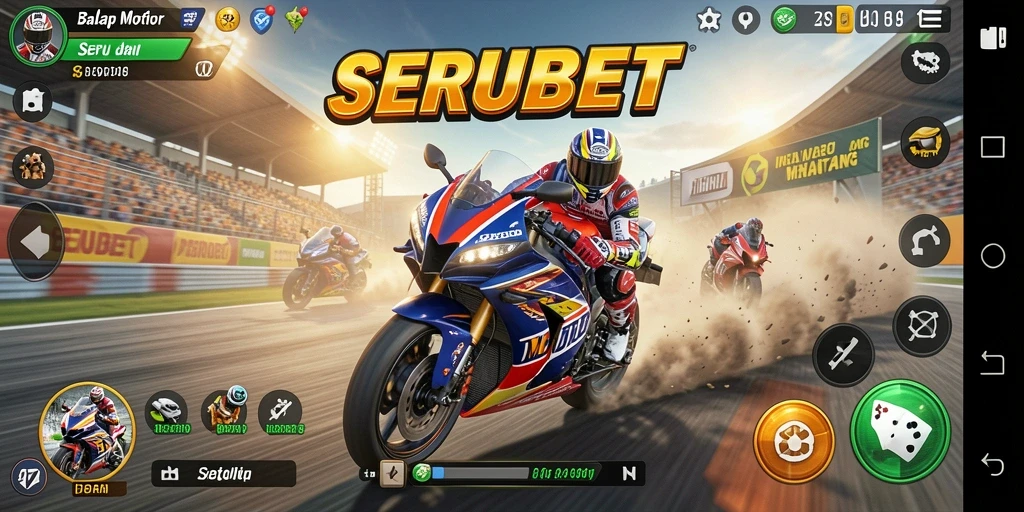 Gameplay SERUBET menampilkan balapan motor yang seru dan penuh aksi.