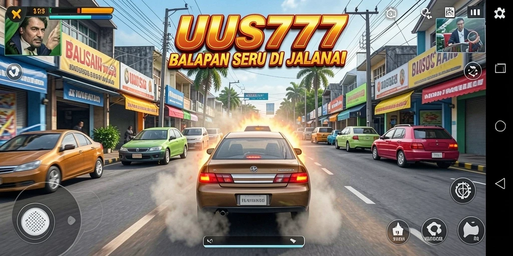 Gameplay UUS777 dengan mobil balap yang melaju kencang di jalan.