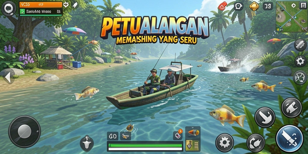 Tampilan gameplay VC55 dengan berbagai ikan dan lokasi memancing.