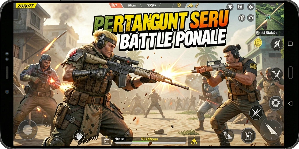 Screenshot gameplay ZORO77 menampilkan pertempuran seru di arena Battle Royale.